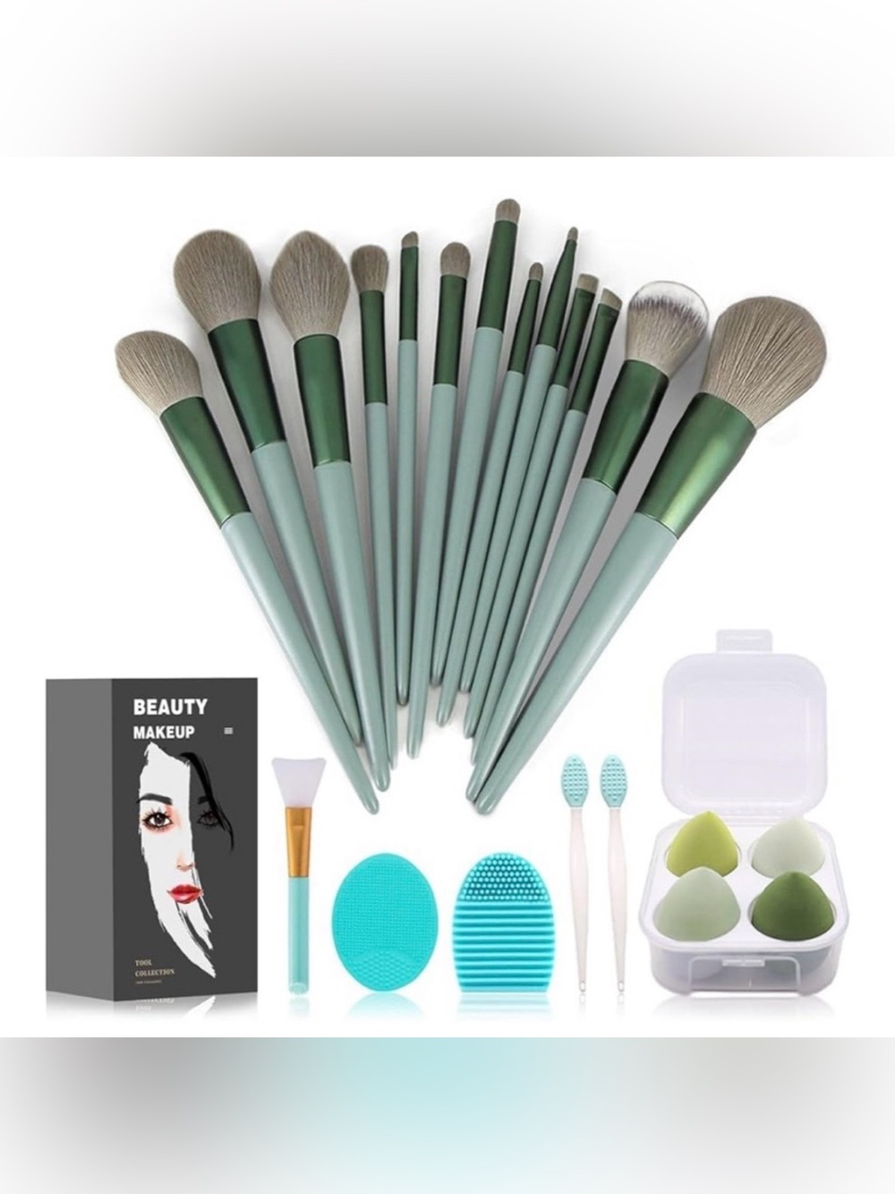 Beauty Makeup Tool Collection 22 piece piece Green set NWT